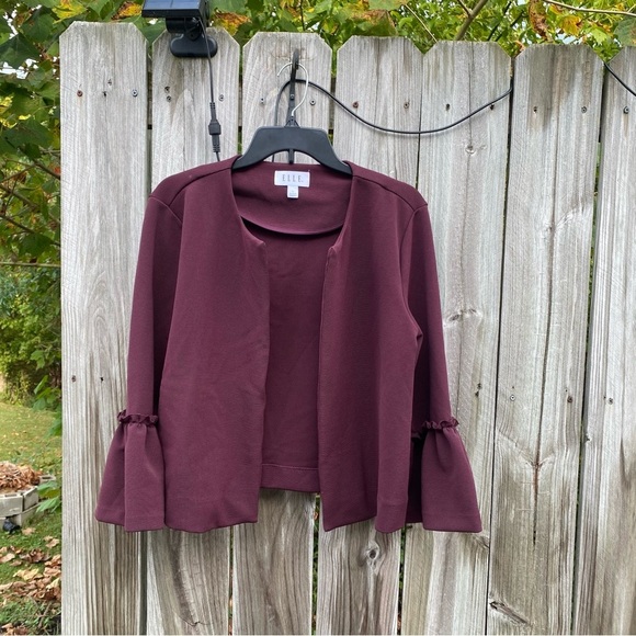 ELLE Women’s Purple Burgundy Open Front Cardigan with Ruffle Sleeves L - Picture 2 of 6